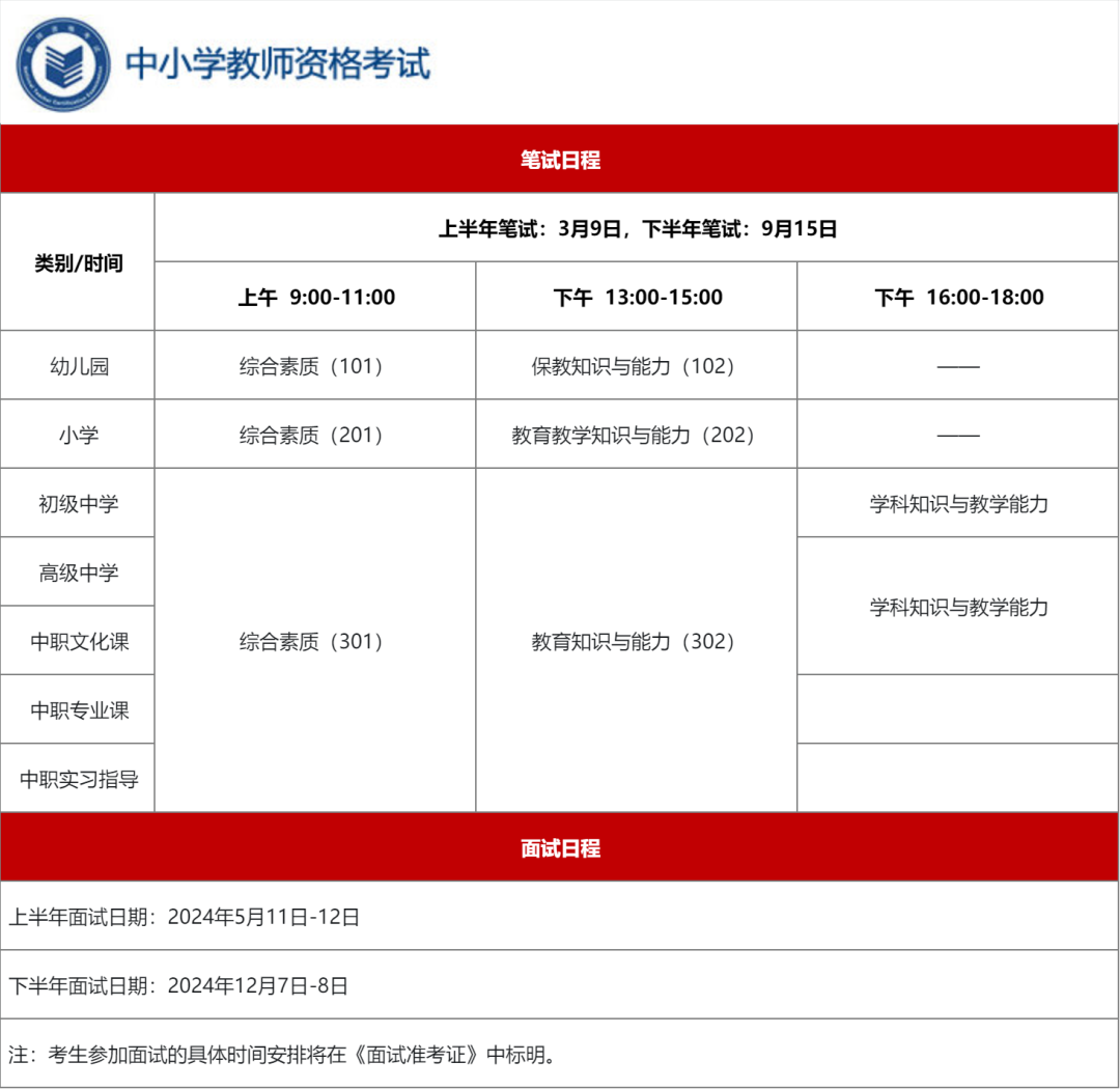 2024年江西教師資格證考試日程表